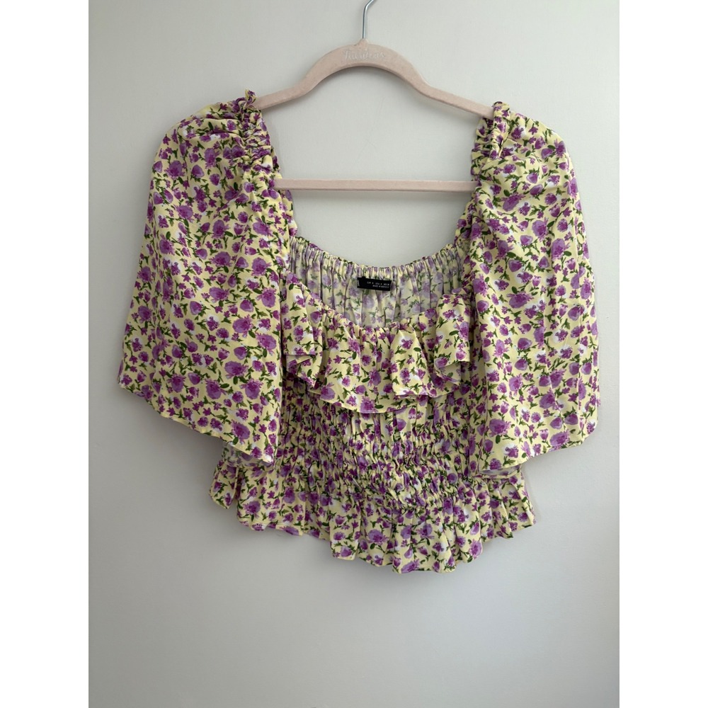 Zara Floral Smocked Crop Top Yellow Purple Ruffle Square Neck Flutter‎ Sleeve S